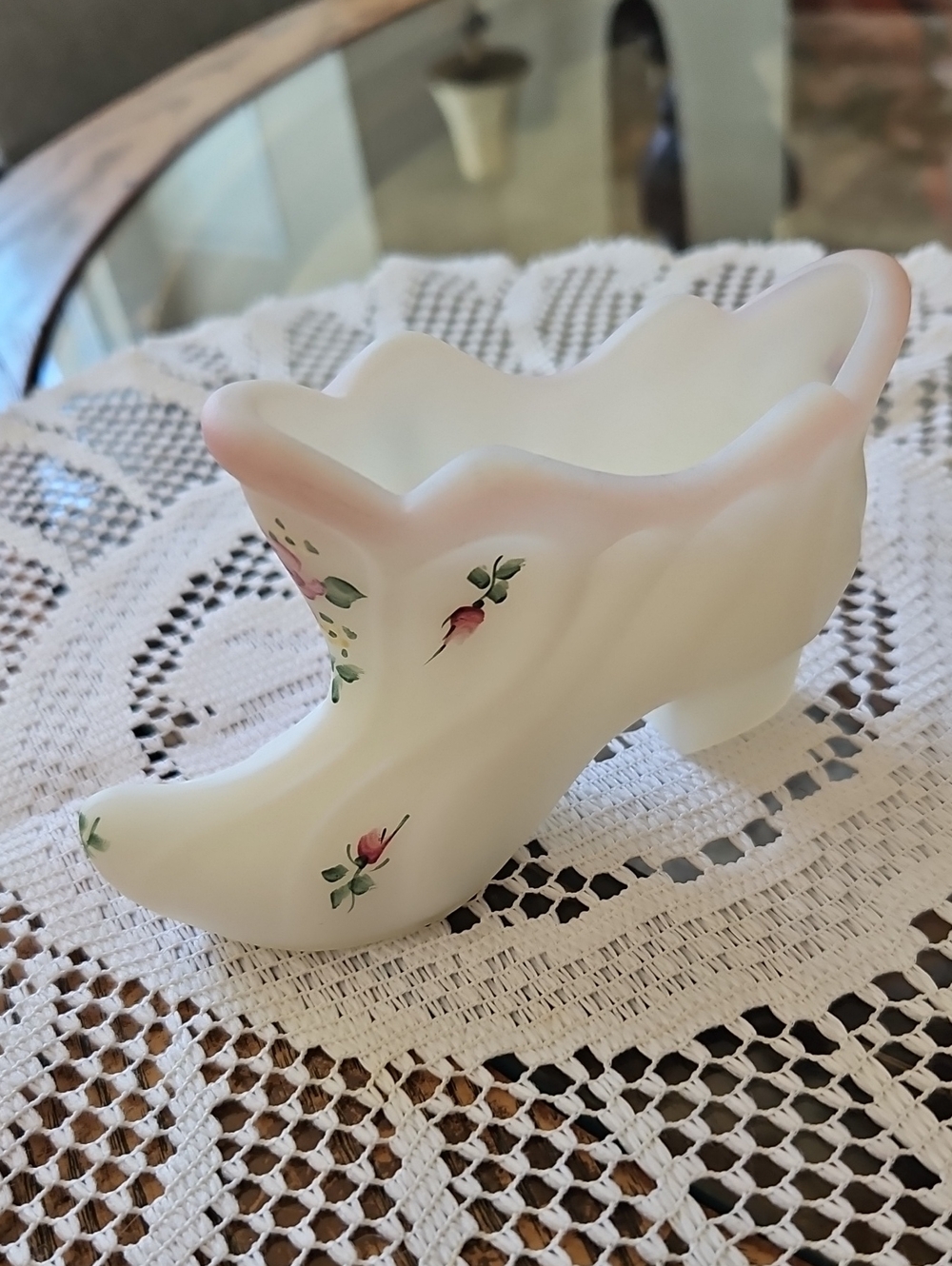 Vintage Fenton White Satin Glass Hand Painted Shoe